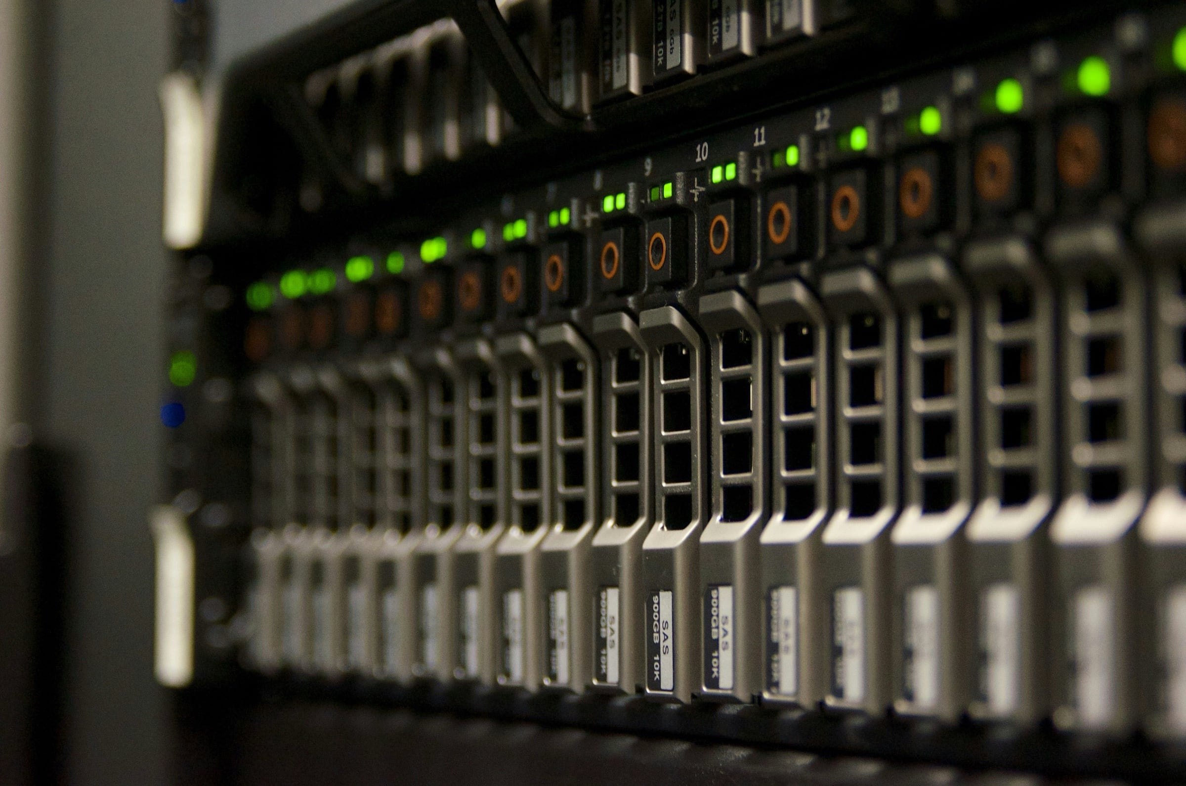 An array of hard drives in a server